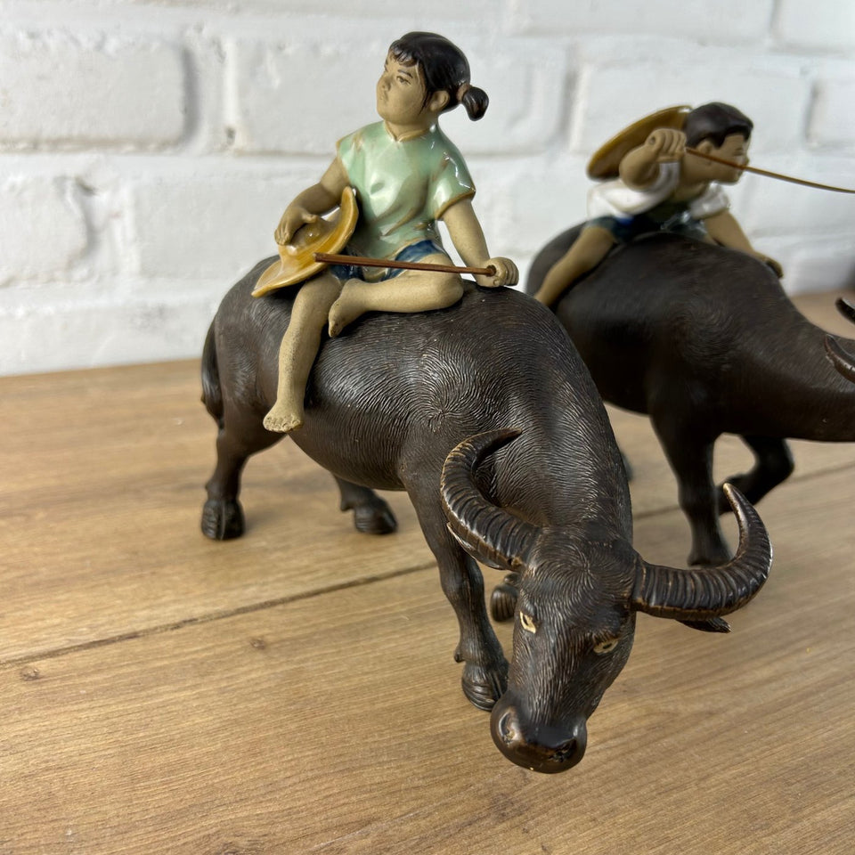 Shiwan Mudman Pottery Ceramic -  Boy and girl riding water buffalo's