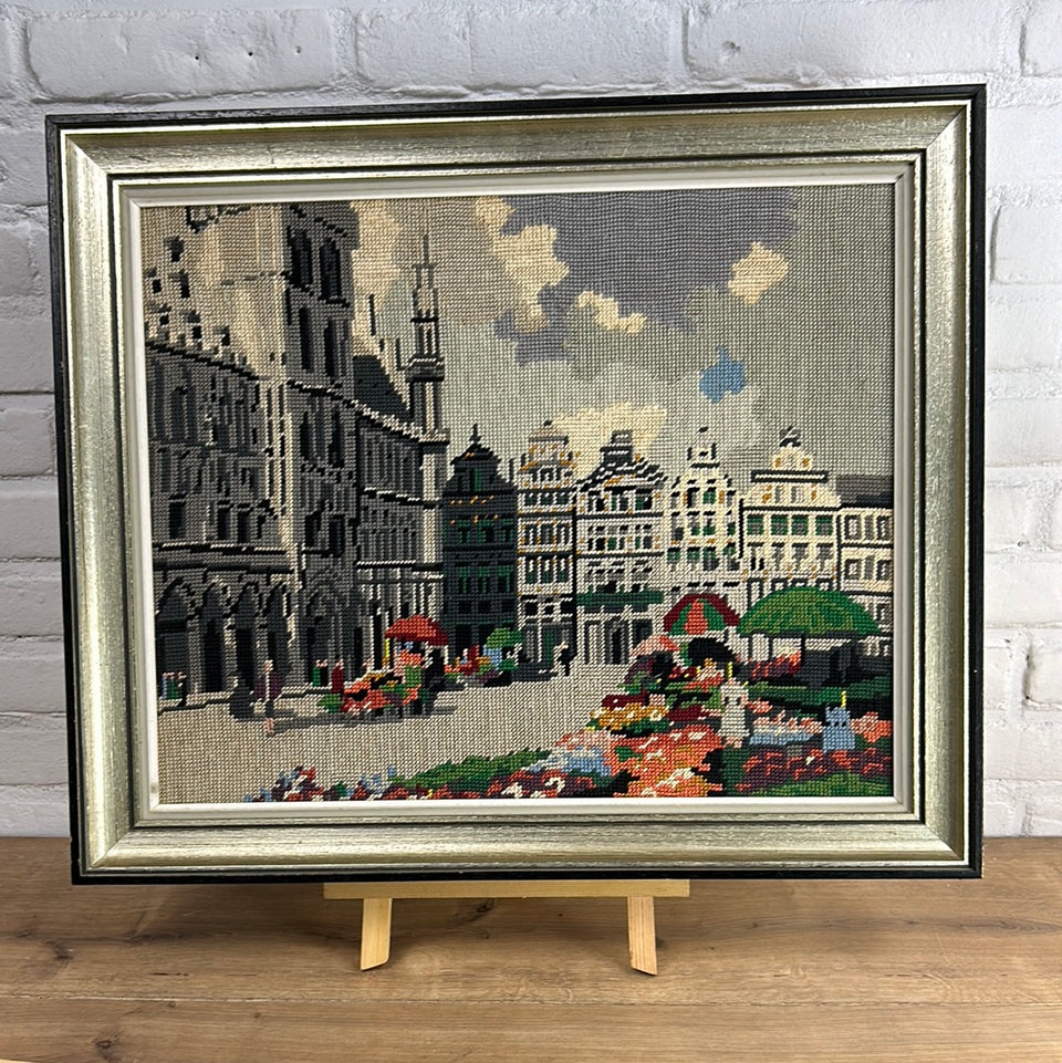 Belgian Square - Vintage Embroidery - Tapestry - Patchwork - Cotton work - Framed