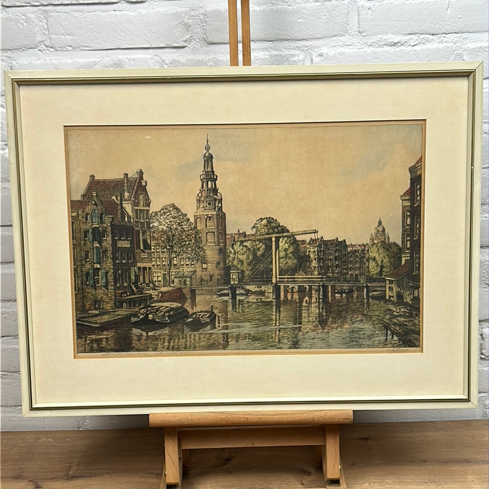 Antique hand colored engraving Amsterdam “Montelbaanstoren”