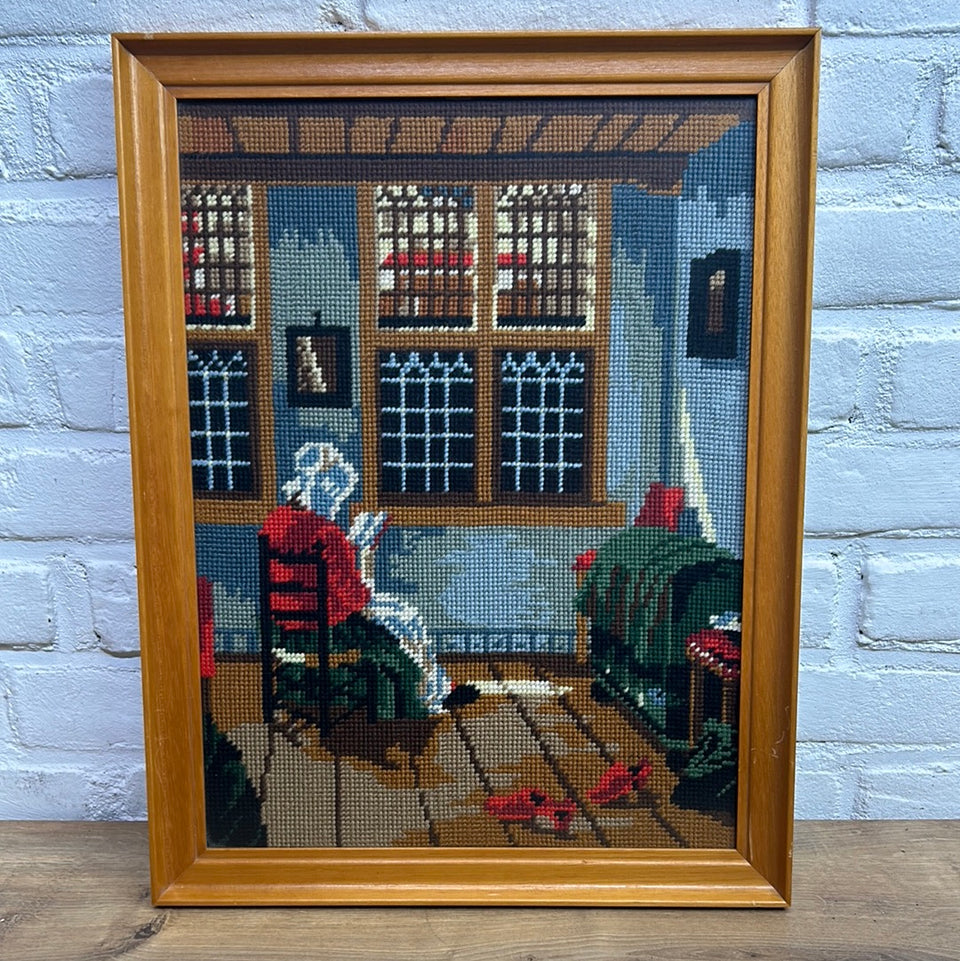 Vintage Vermeer painting of woman reading book - Embroidery - Cottonwork - Framed