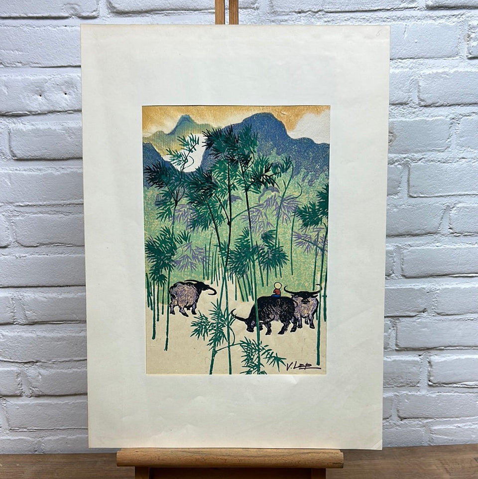 Original mixed media painting Thăm rừng trúc by V. Lap