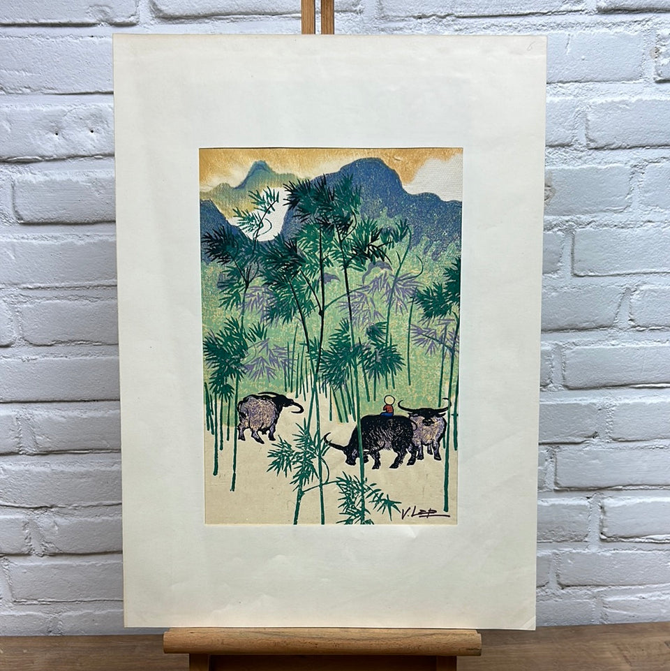 Original mixed media painting  Thăm rừng trúc by V. Lap