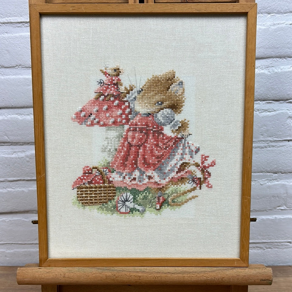 Vintage Mouse Embroidery no 3 -  Childrens room - Tapestry Mouse - Patchwork - Cotton work - Framed behind glass