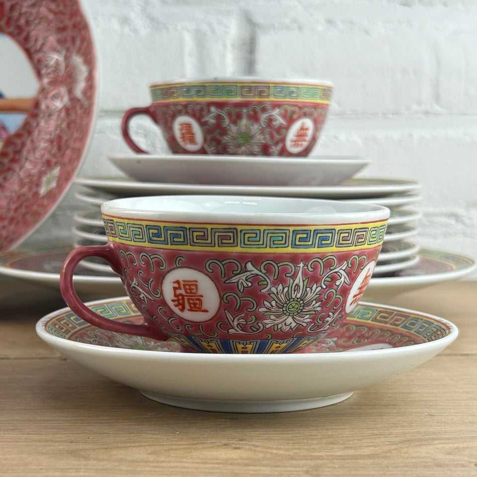 Chinese ceramic tea set - plates & cups and a matching wall plate