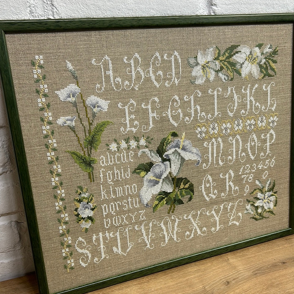 Vintage Alphabet Tapestry with flowers - Floral Embroidery - Cottonwork - Framed