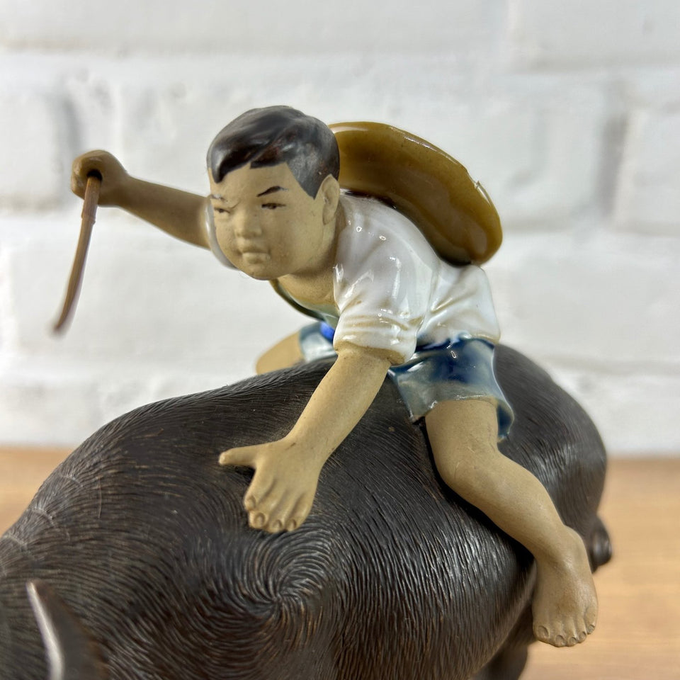 Shiwan Mudman Pottery Ceramic -  Boy and girl riding water buffalo's