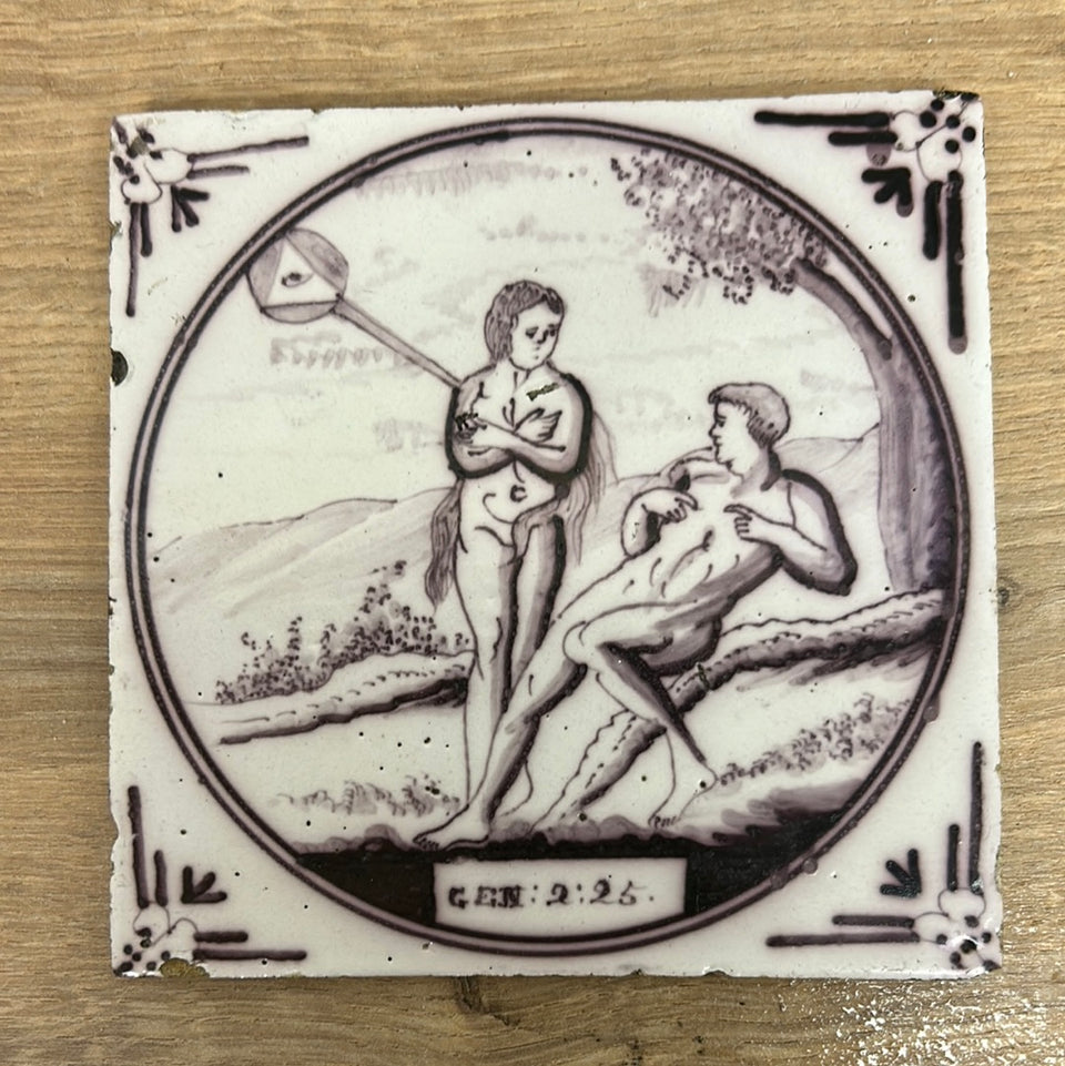 19th century Majolica Delft ceramic tile God creates Eve - Genesis 2:25
