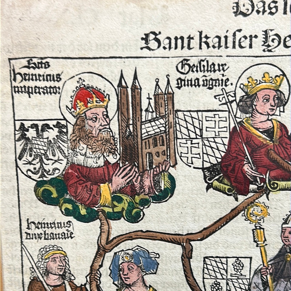 15th Century original Nuremberg Chronicles leaf - Genealogy of Henry II