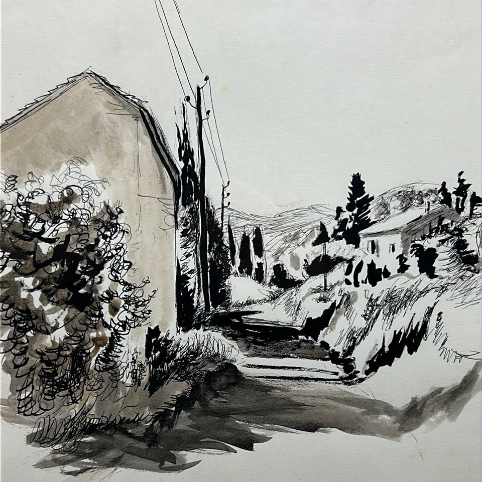 Ink painting of a small Italian mountain village