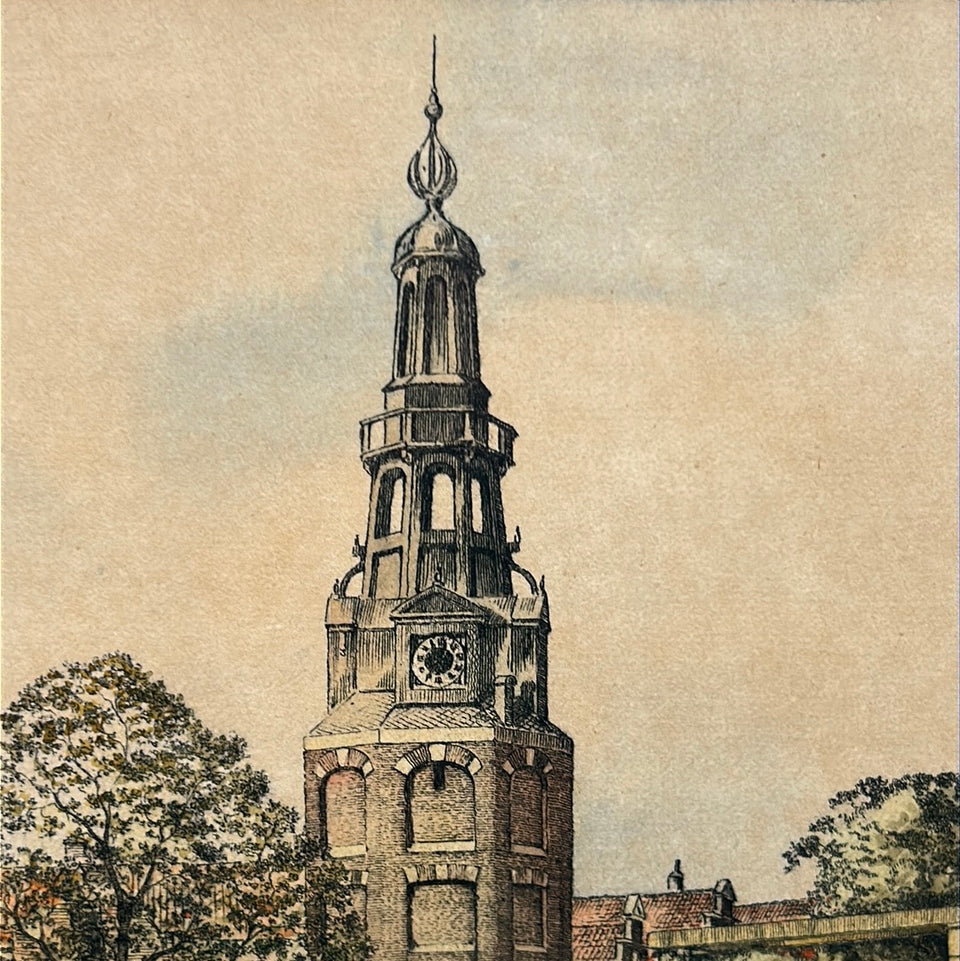 Antique hand colored engraving Amsterdam “Montelbaanstoren”