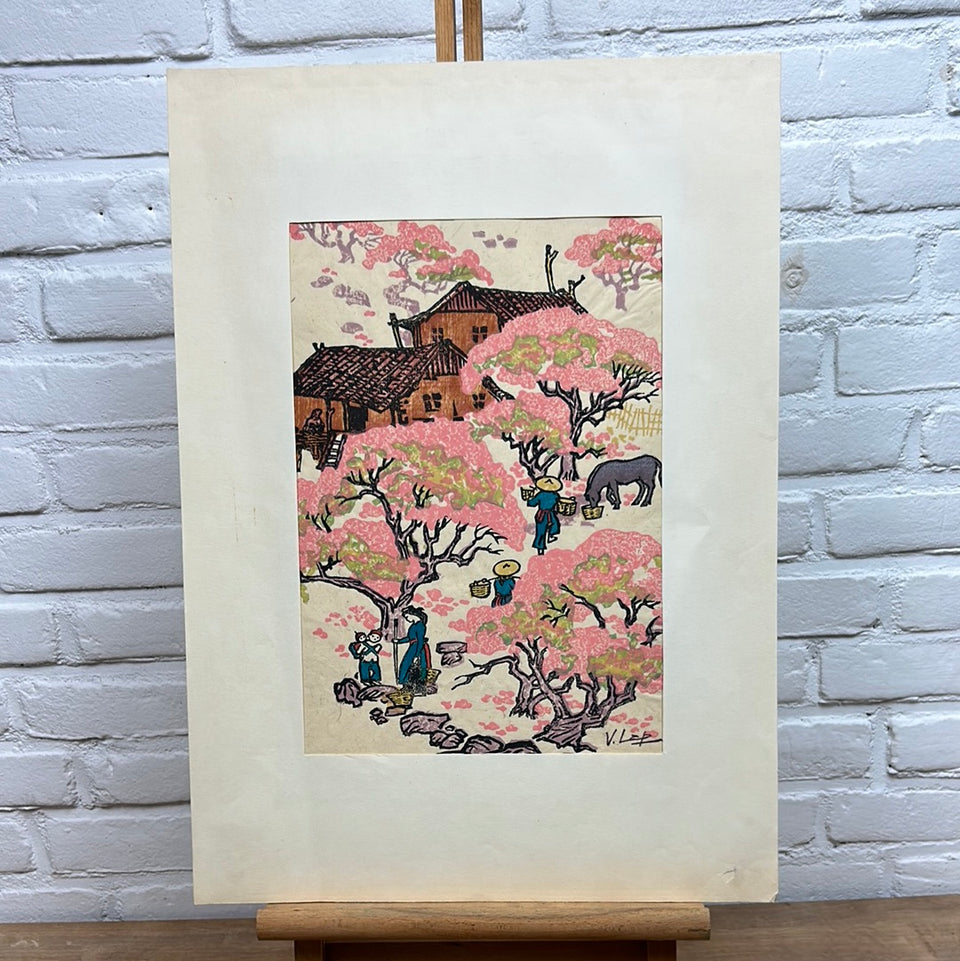 Original mixed media painting Mùa hoa đào Sa Pa Garden by V. Lap