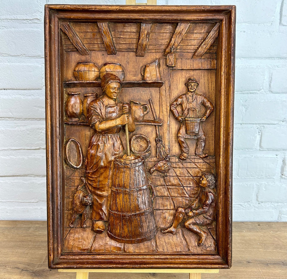 Mid 20th Century Black Forest Hand Carved Oak Panel by H. Mariot