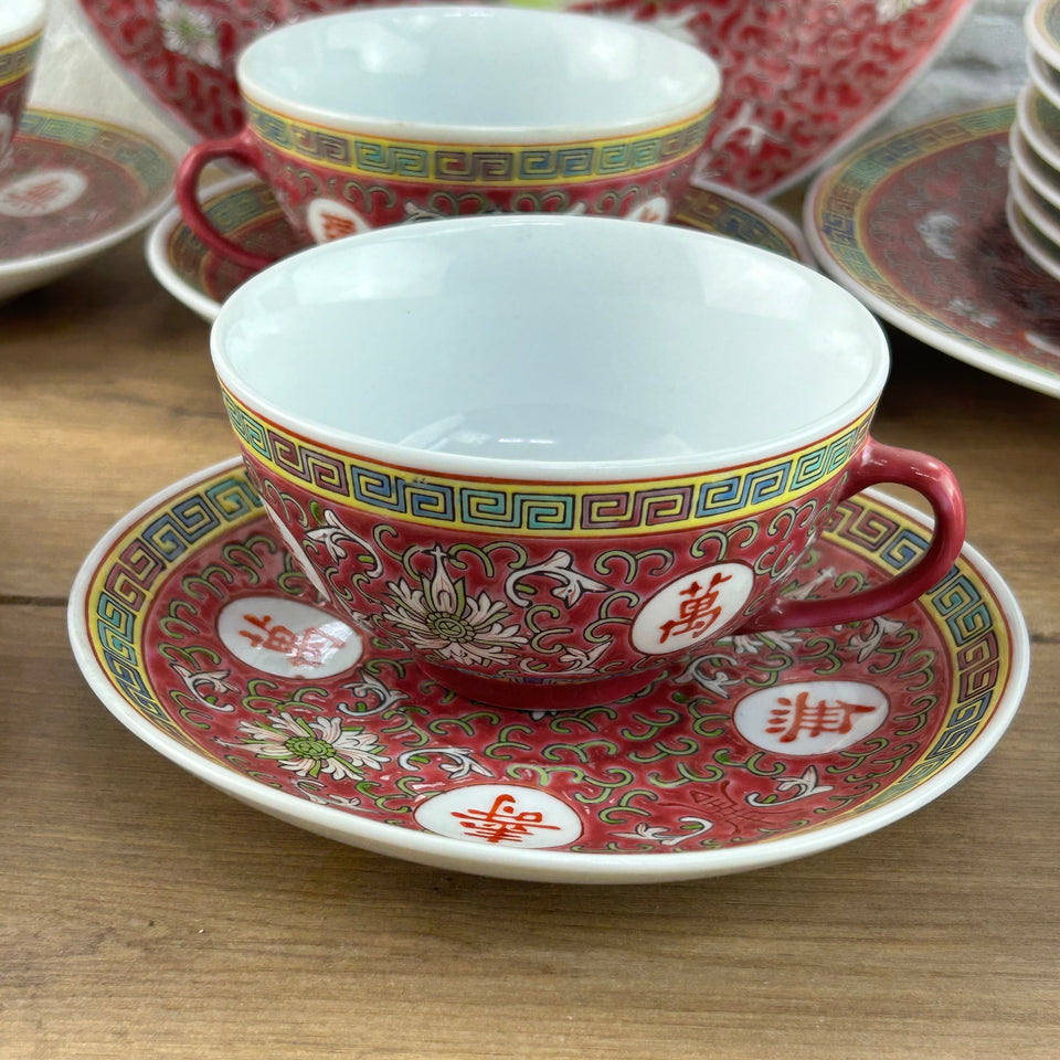 Chinese ceramic tea set - plates & cups and a matching wall plate