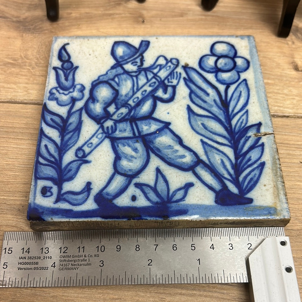 Three antique ceramic tiles Dutch Delft tiles & Spain