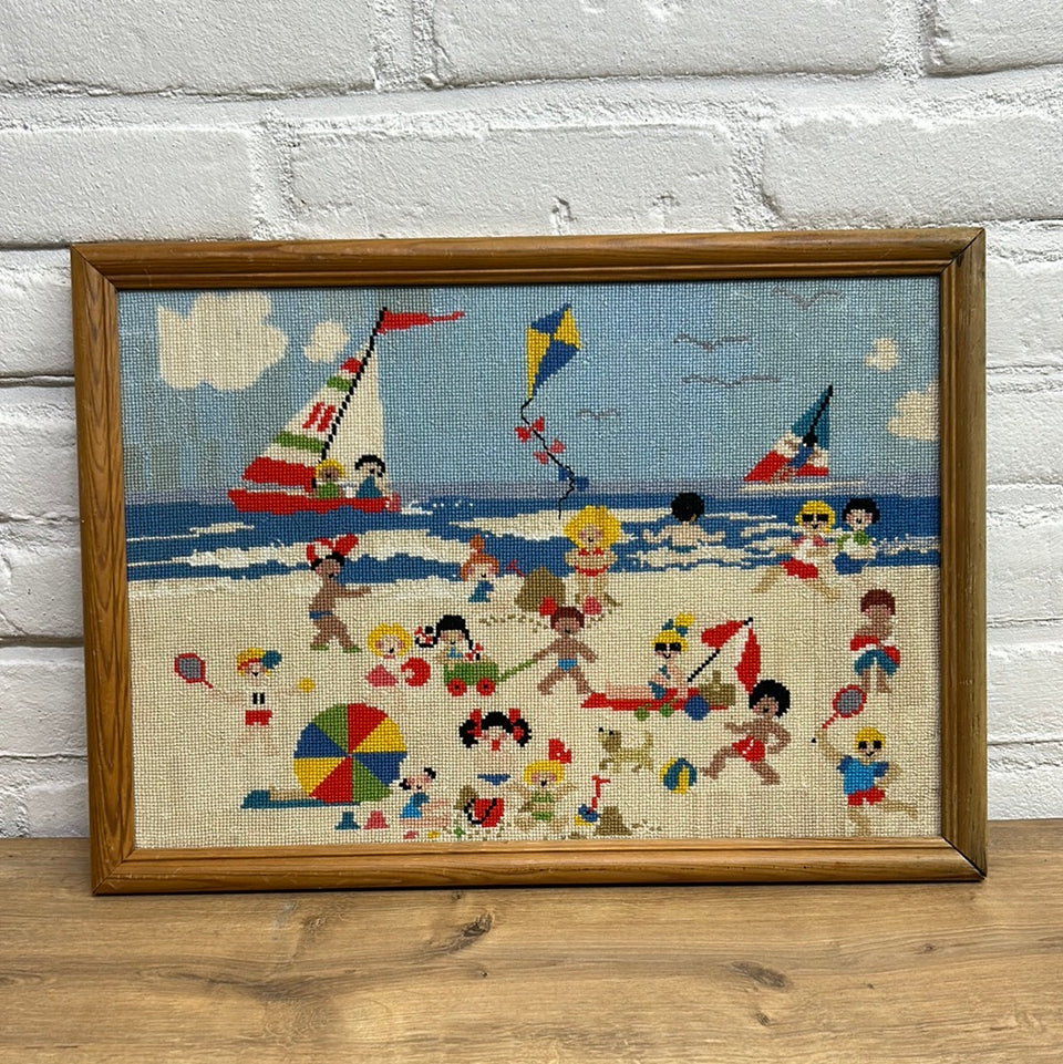 Summer beach kids Embroidery - Cottonwork - Framed