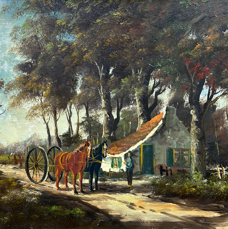 Large horizontal oil painting with a farm and horses