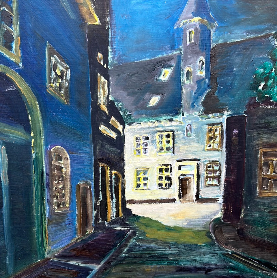 Oil painting Amersfoort Blue Night sky City Scene 1991