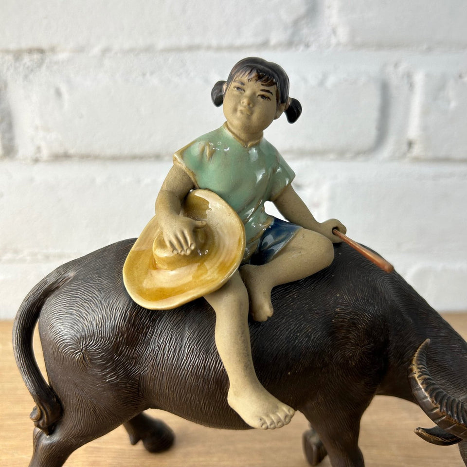 Shiwan Mudman Pottery Ceramic -  Boy and girl riding water buffalo's