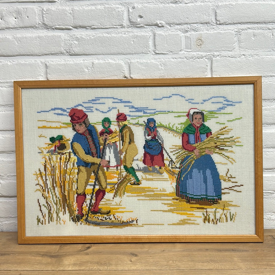 Vintage Dutch Farmers Larger Embroidery - Tapestry - Patchwork - Cotton work - Framed