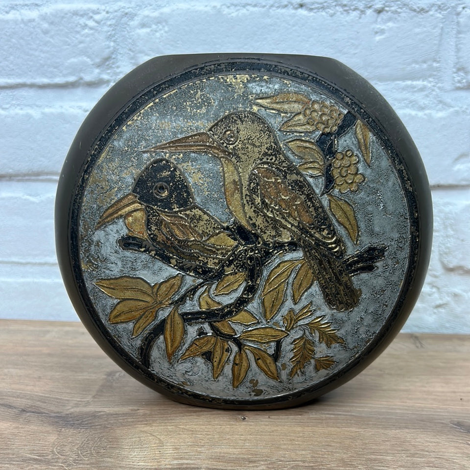 Copper vase with engraved birds on both sides