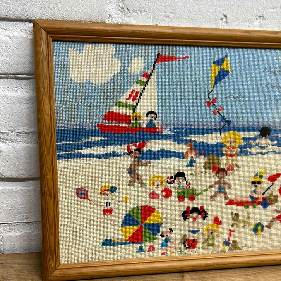 Summer beach kids Embroidery - Cottonwork - Framed