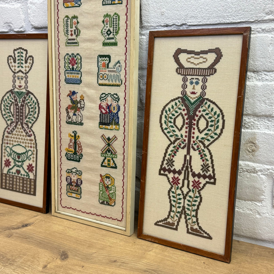 A set of 3 framed Dutch Embroideries - Cross-Stitch Embroidery - Cottonwork - Framed