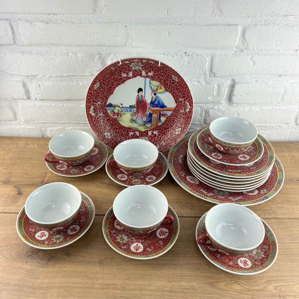 Chinese ceramic tea set - plates & cups and a matching wall plate