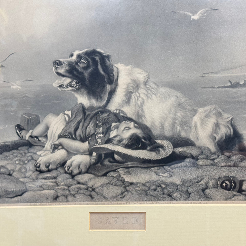 Antique Edwin Henry Landseer "He is Saved" Framed Currier and Ives Dog Lithograph print