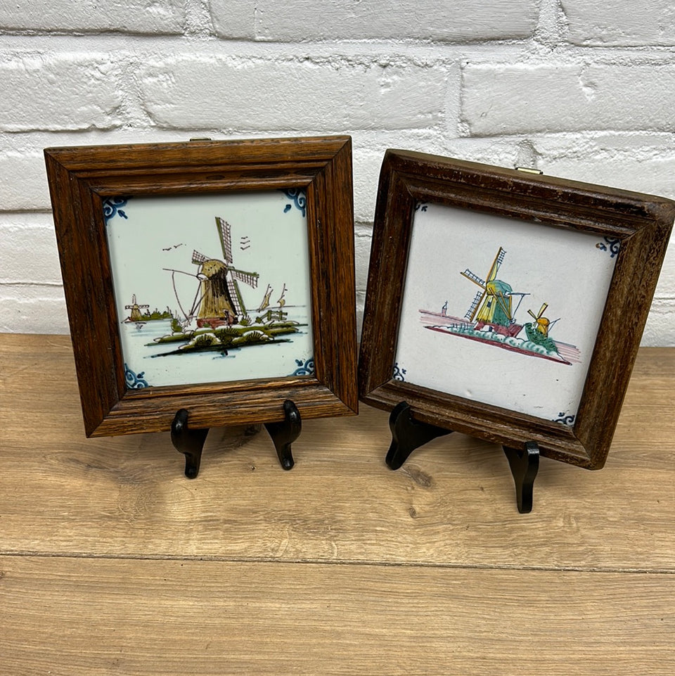 Two framed Delfts Blue Colored Dutch Windmill ceramic tiles