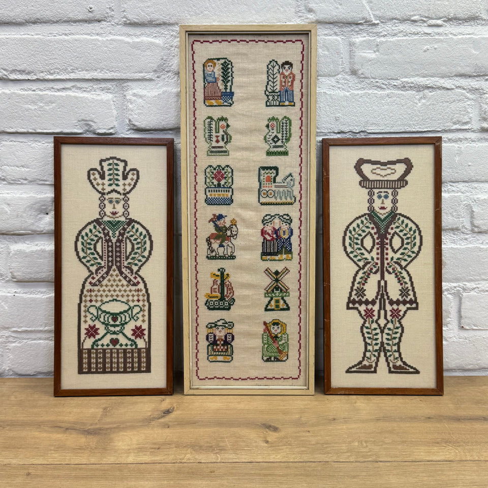 A set of 3 framed Dutch Embroideries - Cross-Stitch Embroidery - Cottonwork - Framed