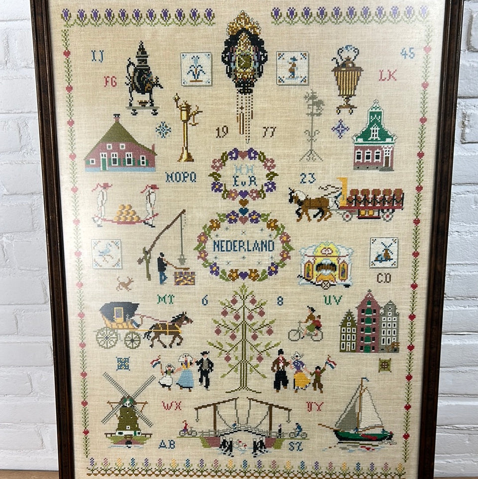 Vintage Sampler Dutch Scenes from Holland Embroidery - Tapestry - Patchwork - Cotton work - Framed