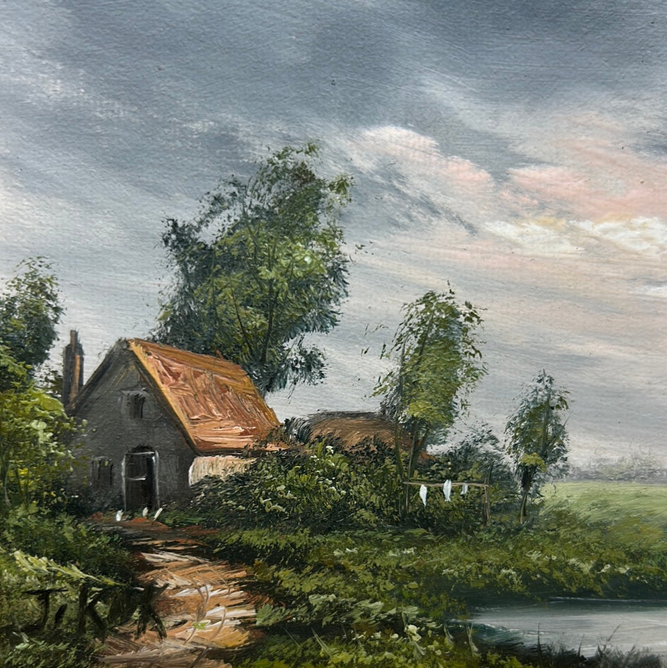 Farmhouse in Holland near a river by J. Kok in golden wooden frame
