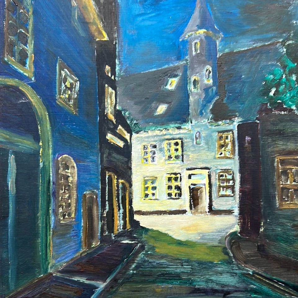 Oil painting Amersfoort Blue Night sky City Scene 1991