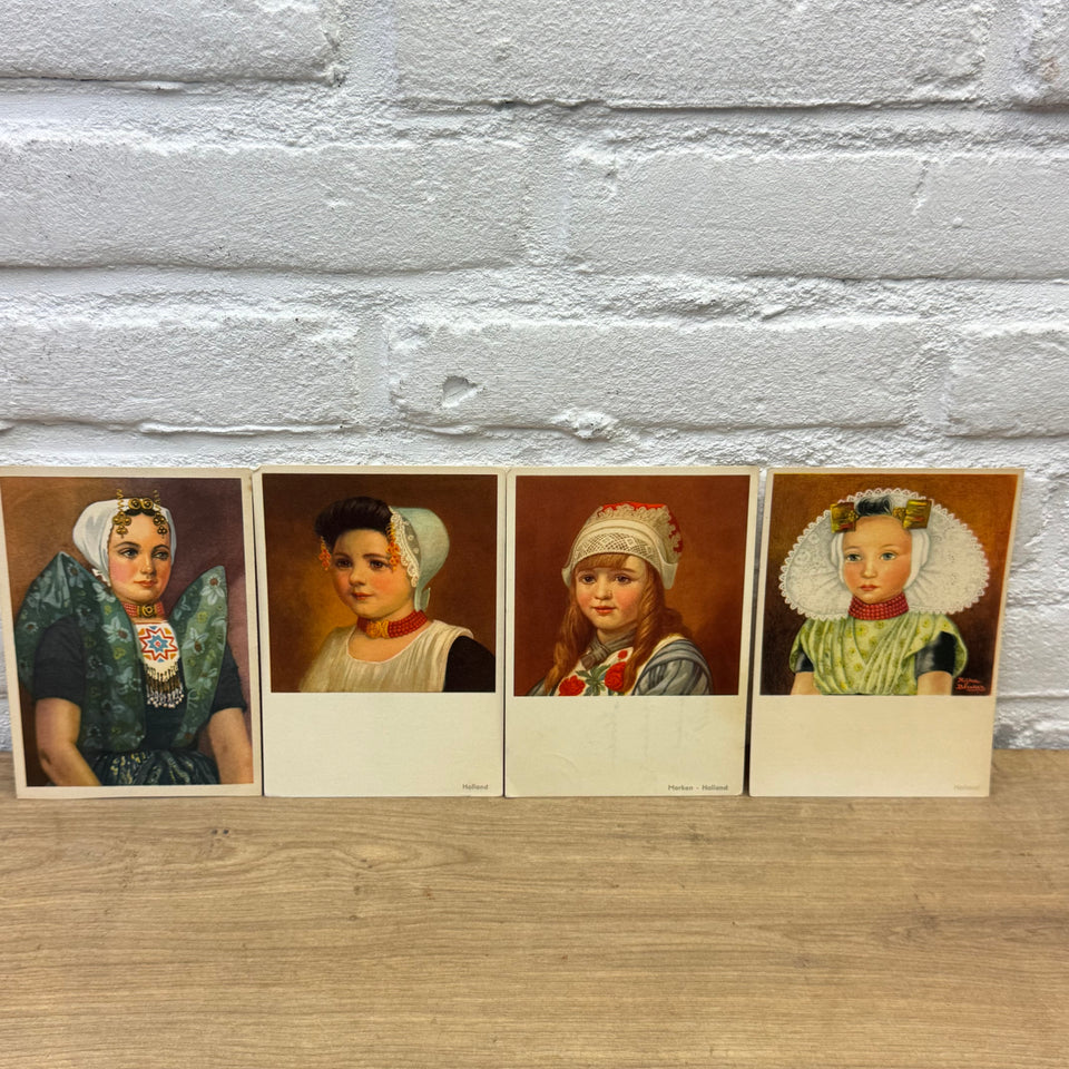 Set of 4 Antique Dutch Folk Dress Postcards – Holland Traditional Costume Embroidery Illustrations