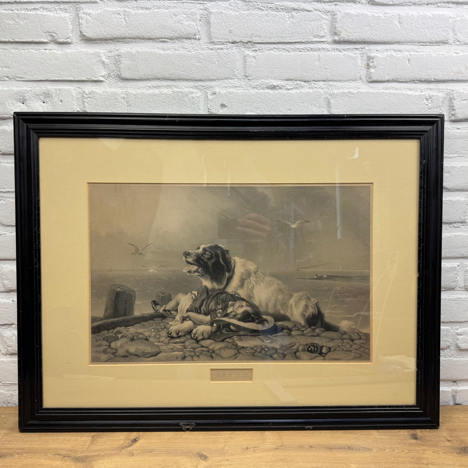 Antique Edwin Henry Landseer "He is Saved" Framed Currier and Ives Dog Lithograph print