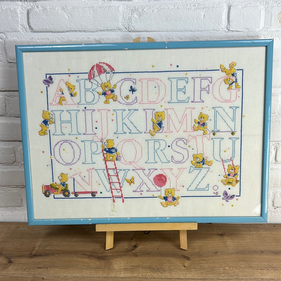 Vintage Alphabet with bears and mouses - Embroidery - Cottonwork - Framed