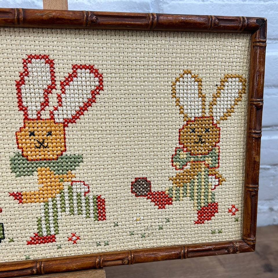 Bunnies Childrens room Embroidery - Tapestry Rabbits - Patchwork - Cotton work - Framed