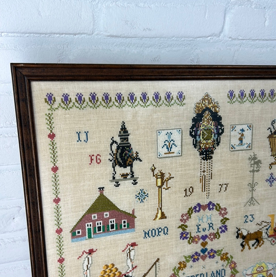 Vintage Sampler Dutch Scenes from Holland Embroidery - Tapestry - Patchwork - Cotton work - Framed
