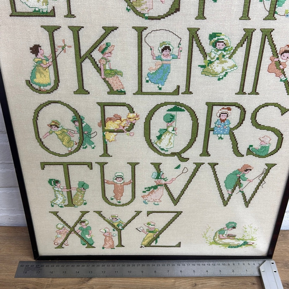 Vintage Alphabet Tapestry with children playing - Kids room Embroidery - Cottonwork - Framed