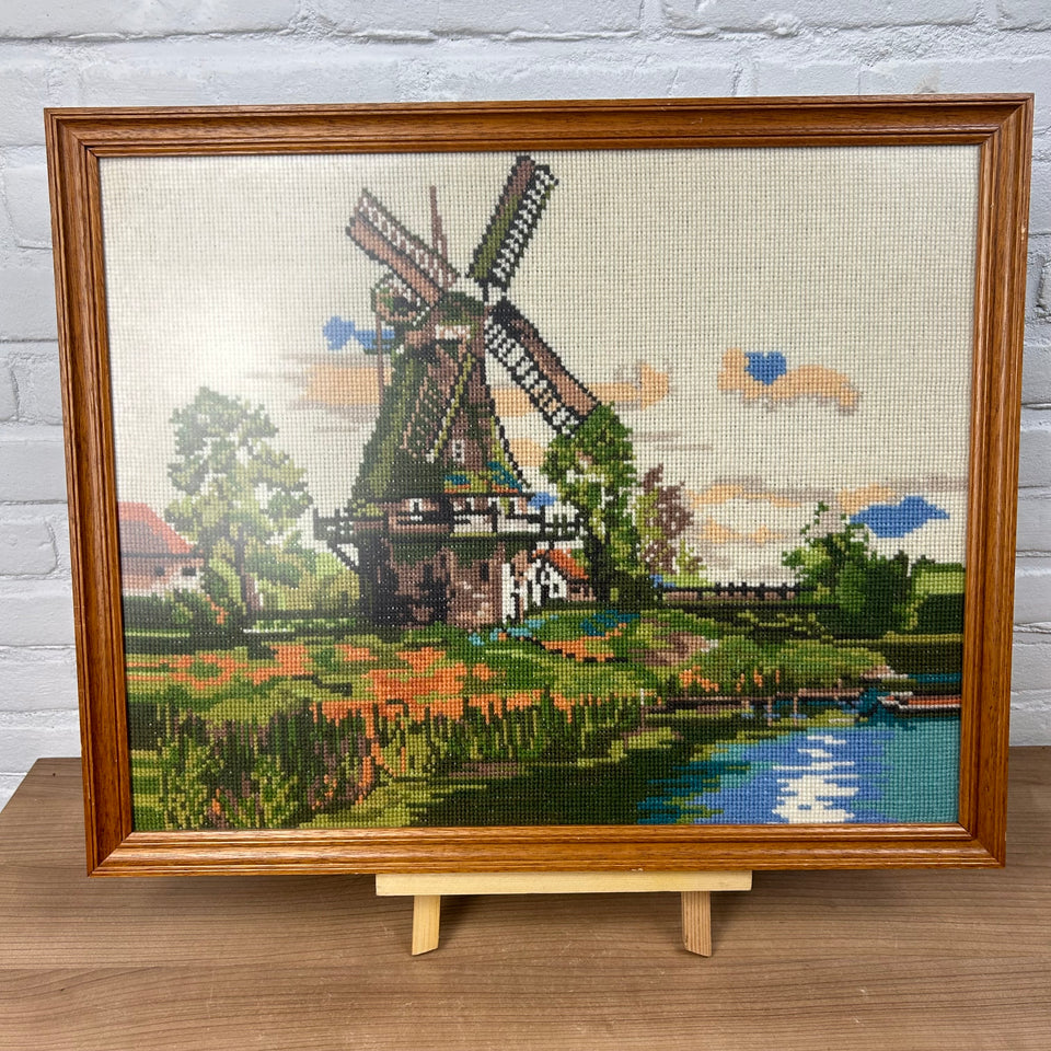 Vintage Embroidery - Dutch windmill - wall tapestry - Cottonwork - Framed