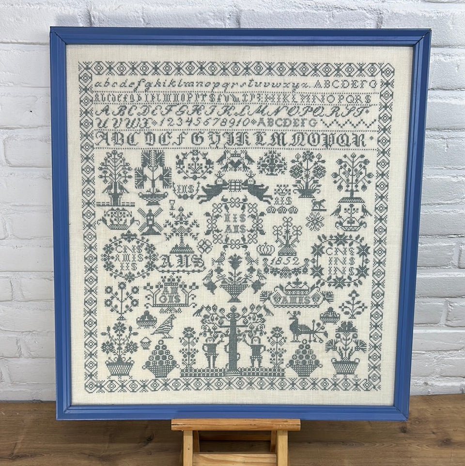 Large 1852 Sampler pattern in blue frame- Tapestry - Embroidery - Cottonwork
