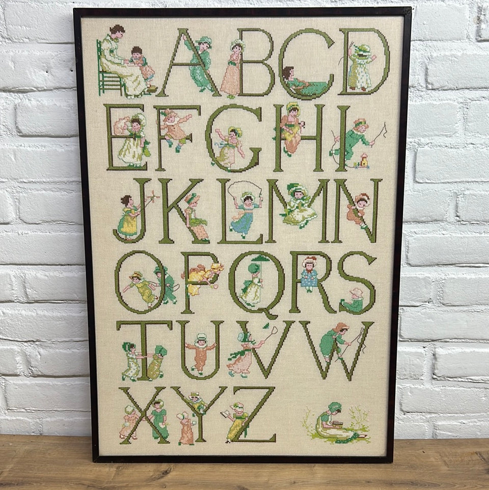 Vintage Alphabet Tapestry with children playing - Kids room Embroidery - Cottonwork - Framed