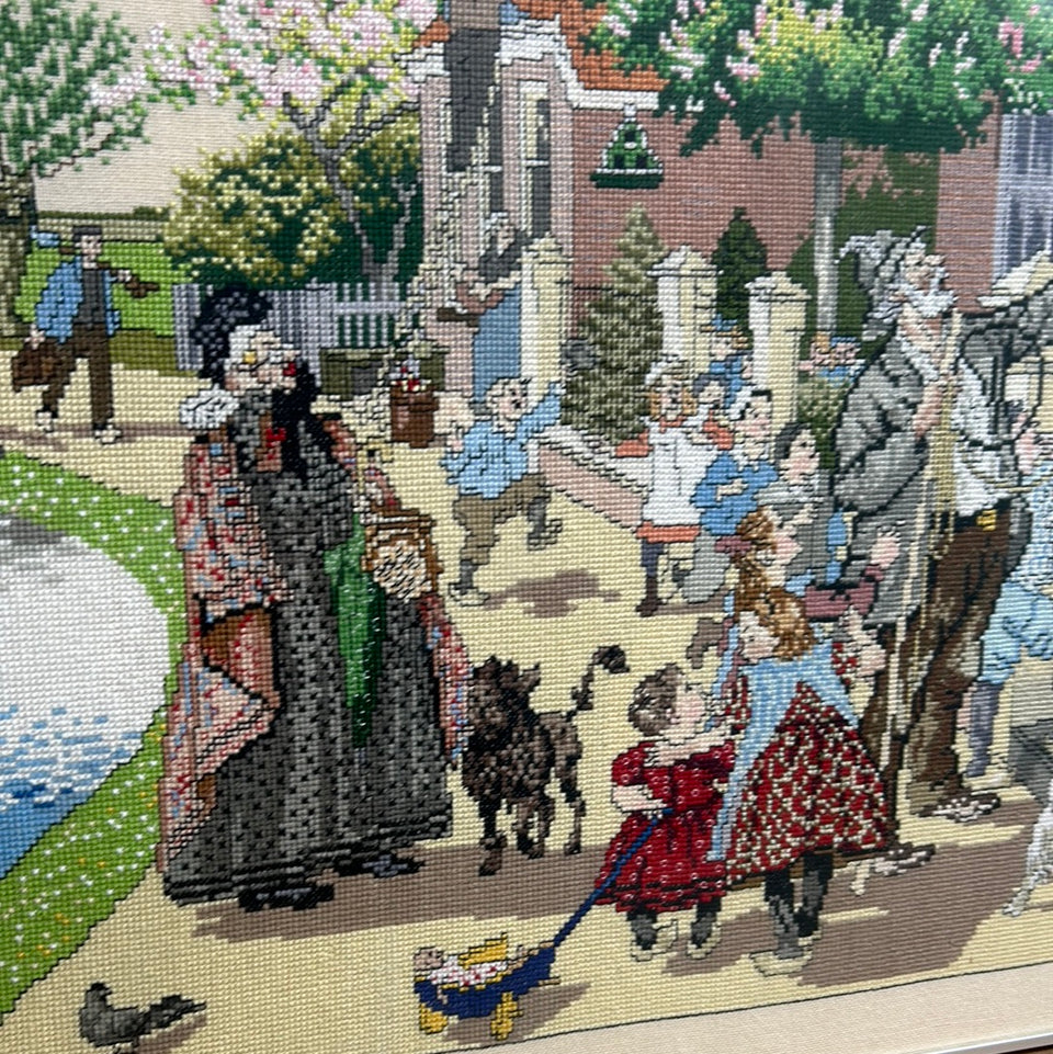 Large Embroidery - Cottonwork - Village Scene with little monkey - Framed
