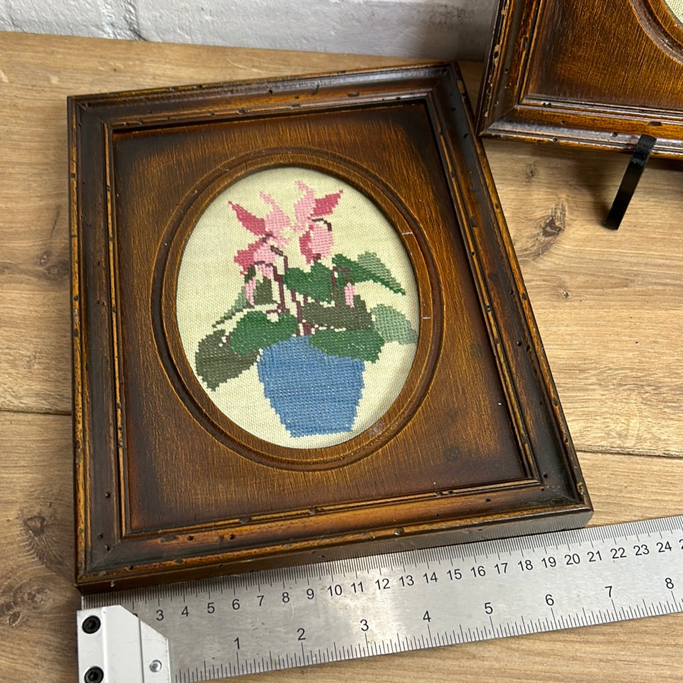 Set of 3 embroideries of a Cactus and Flowers - Embroidery - Tapestry - Patchwork - Cottonwork