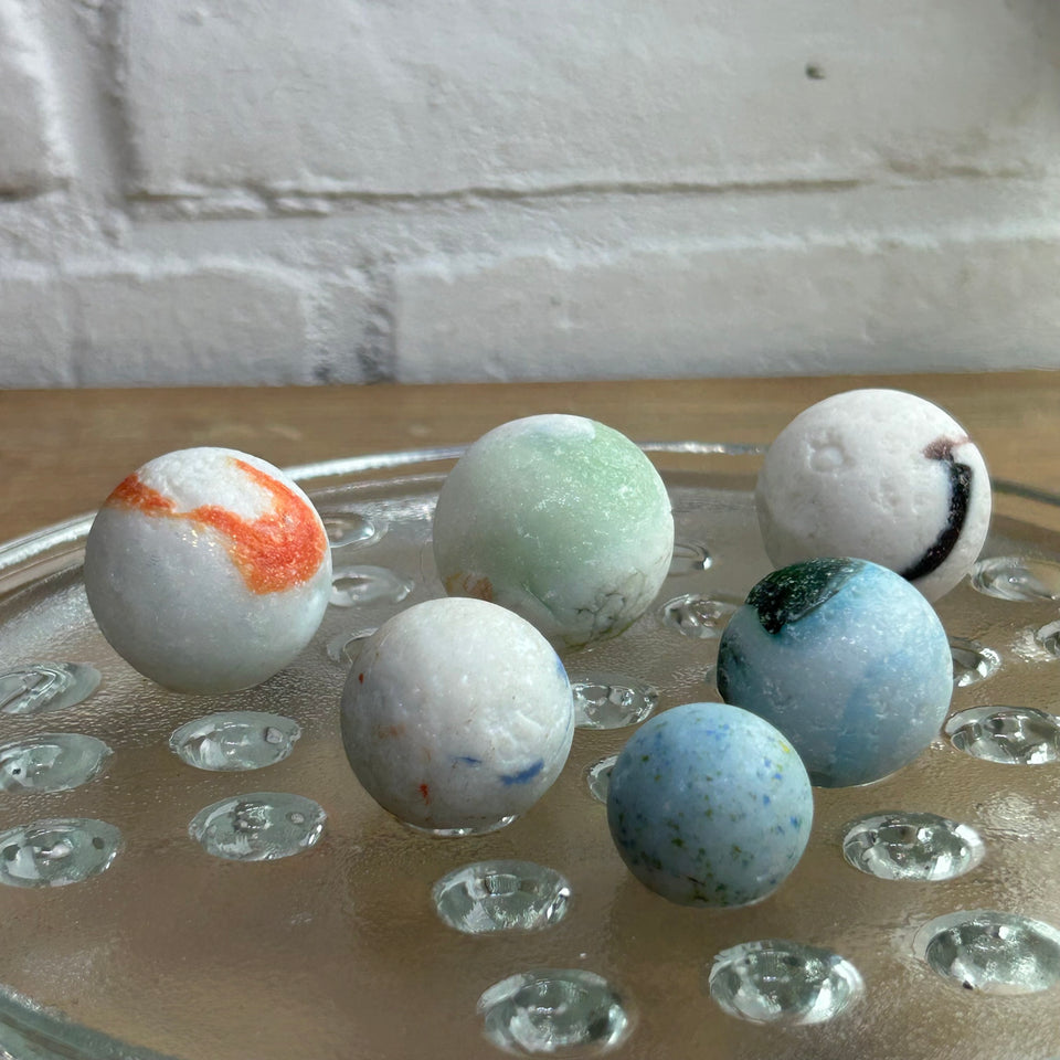 White opaque and milk Sea Glass marbles set of 6 sea marbles