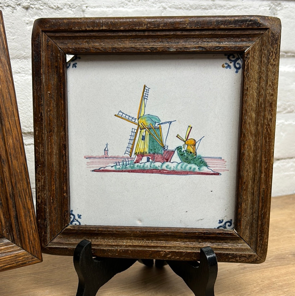 Two framed Delfts Blue Colored Dutch Windmill ceramic tiles