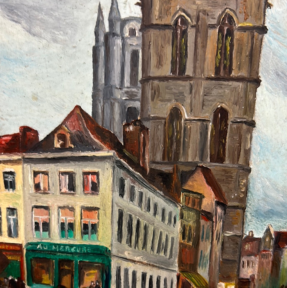 Oil painting City Scene on a wooden panel by J. Goossens 1945