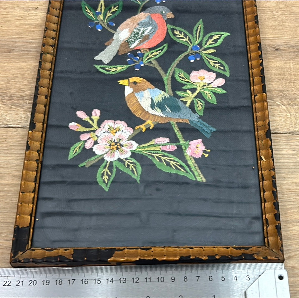 Colorful flowers with birds on black background - Vintage Embroidery - Tapestry - Patchwork - Cotton work - Framed