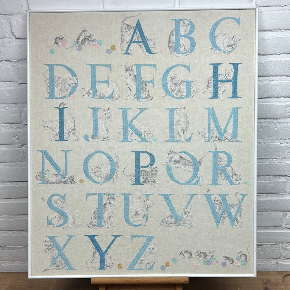 Large 80cm Vintage Alphabet & Cats and mouses - Embroidery - Cottonwork - Framed