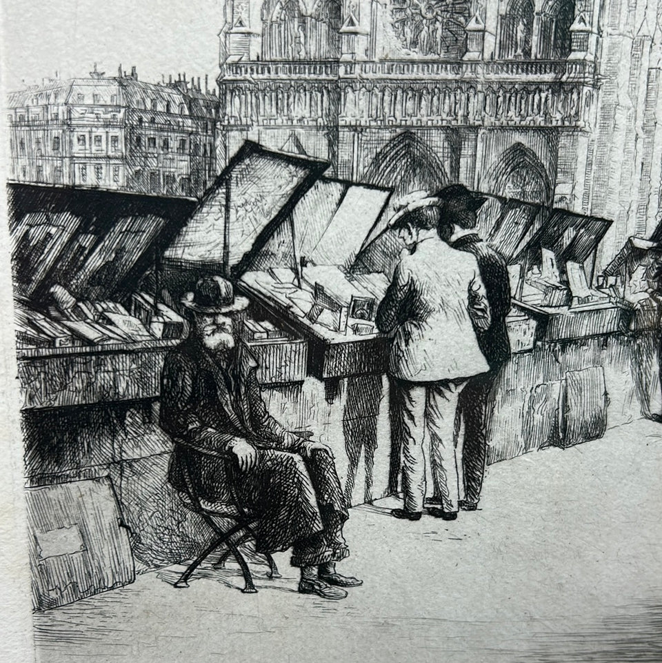 Framed etching Paris “Les Bouquinistes Notre Dame “